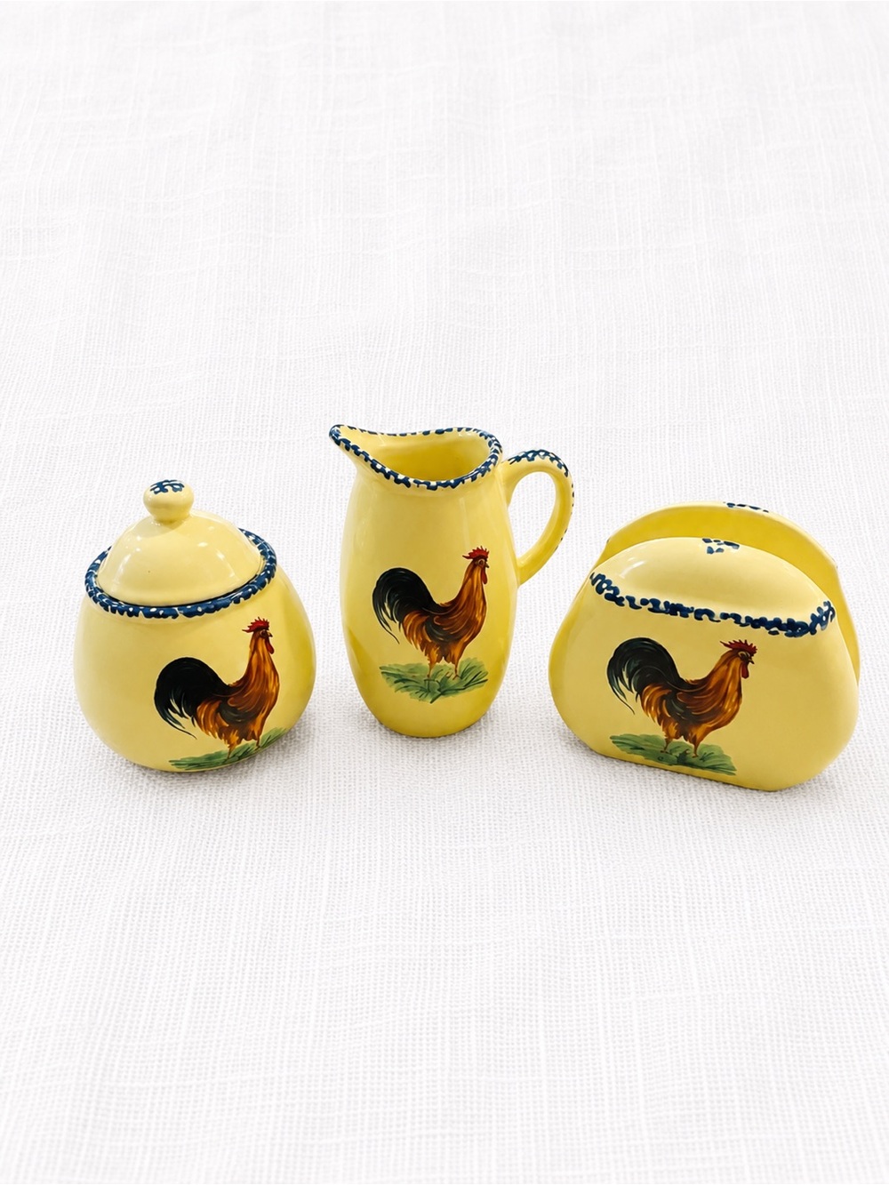Yellow Rooster Ceramic Sugar, Creamer & Napkin Holder Set
